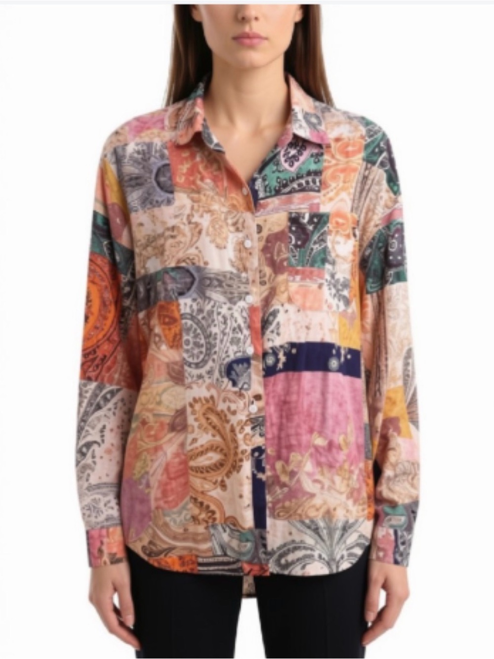 Magaschoni Women’s Quiet Luxury Paisley Patchwork Linen Shirt Sz S